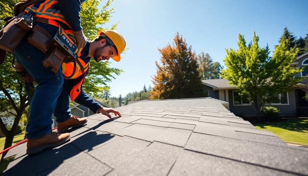 Roof repair Vancouver Wa professional inspecting a residential roof under clear skies with vibrant greens.