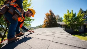 Roof repair Vancouver Wa professional inspecting a residential roof under clear skies with vibrant greens.