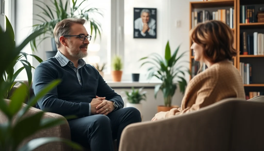 Engaged attachment theory coach listens attentively to a client in a warm office