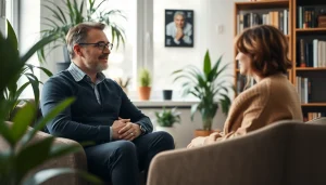 Engaged attachment theory coach listens attentively to a client in a warm office