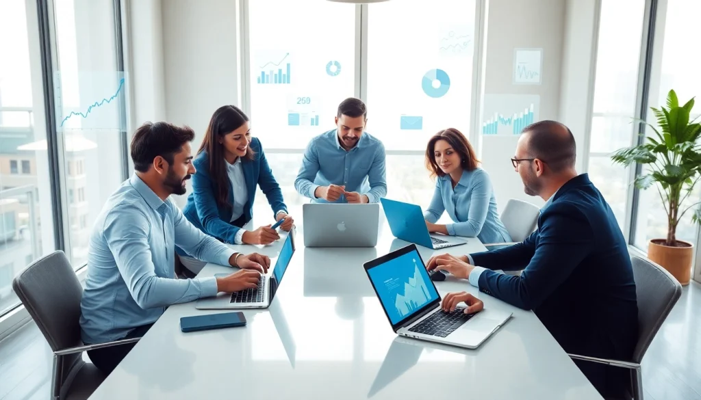 Showcase the dynamic teamwork at clickitdigital.solutions in a modern office filled with digital marketing activities.