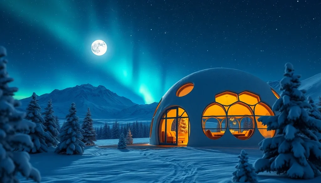 Experience the enchanting atmosphere of an Igloo hotel glowing under the northern lights.