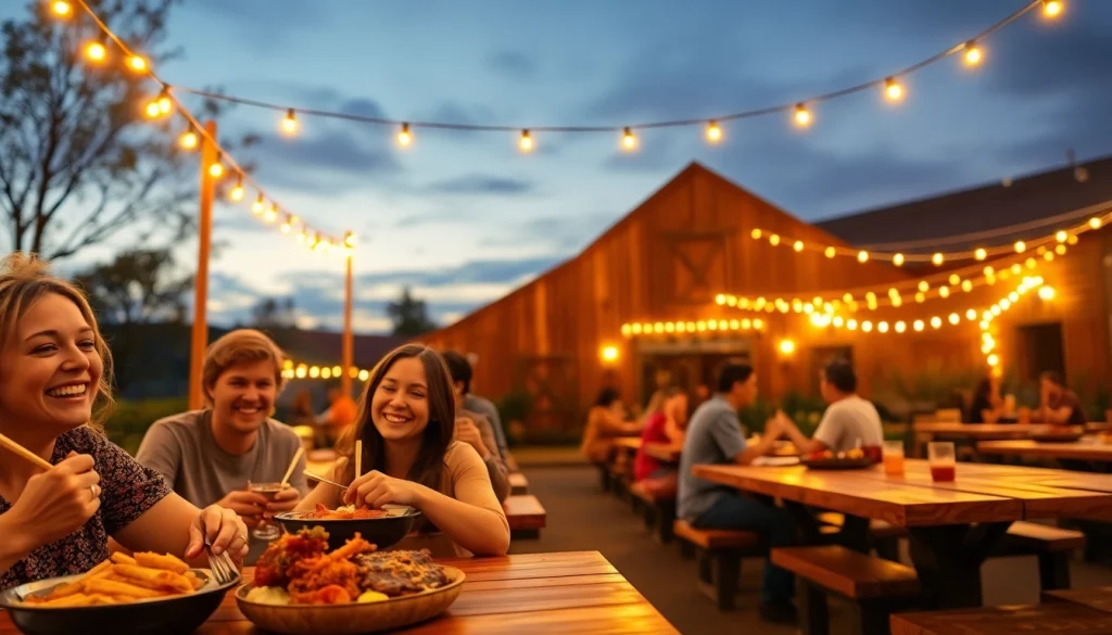 Enjoy a vibrant atmosphere at firelightbarn.com with families dining under string lights.