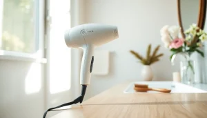 Lightweight hair dryer elegantly displayed on a vanity, highlighting its sleek design and ergonomics.