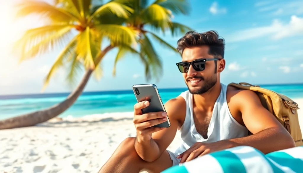 Harness the power of esim for travel with a relaxed traveler at the beach.