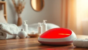 Quasar red light therapy device glowing in a serene wellness setting to promote relaxation and rejuvenation.