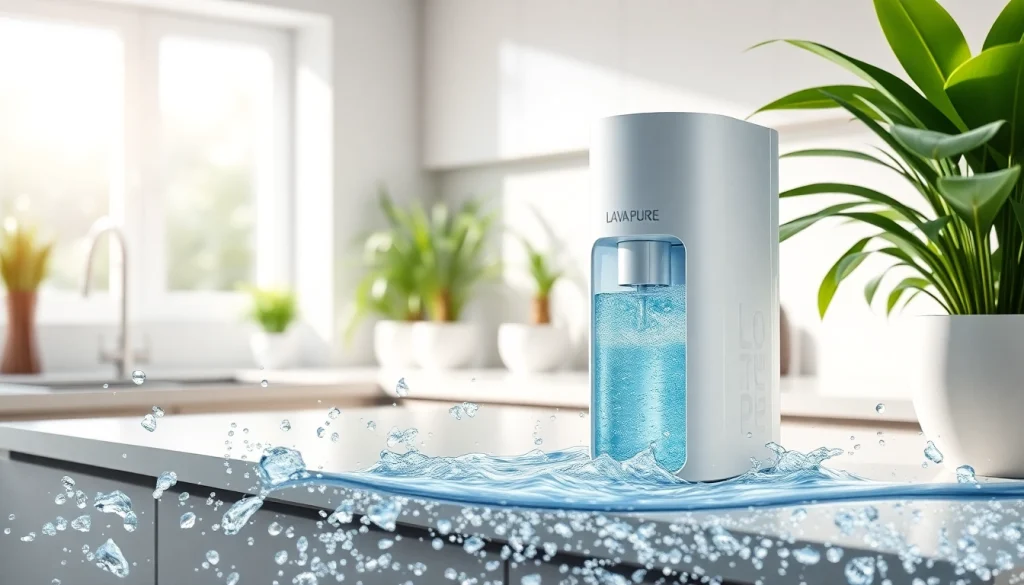 Lava Pure system w nowoczesnej kuchni z czystą wodą i świeżymi roślinami w tle.