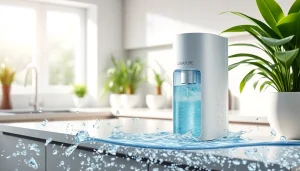 Lava Pure system w nowoczesnej kuchni z czystą wodą i świeżymi roślinami w tle.