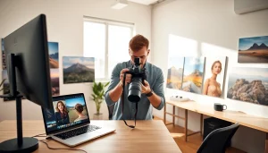 Edit stunning images with Premium presets showcased in a professional photographer's bright studio.