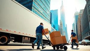 Efficient Manhattan movers loading boxes onto a dolly in a busy city setting.