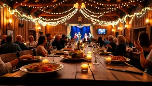 Experience the essence of a barn dinner theater with guests enjoying a live show and a buffet.