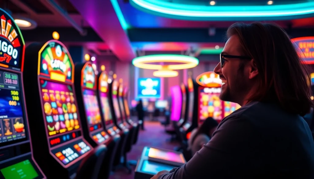 Jouer à des slots en démo dans un casino en ligne vibrant avec des machines à sous colorées.