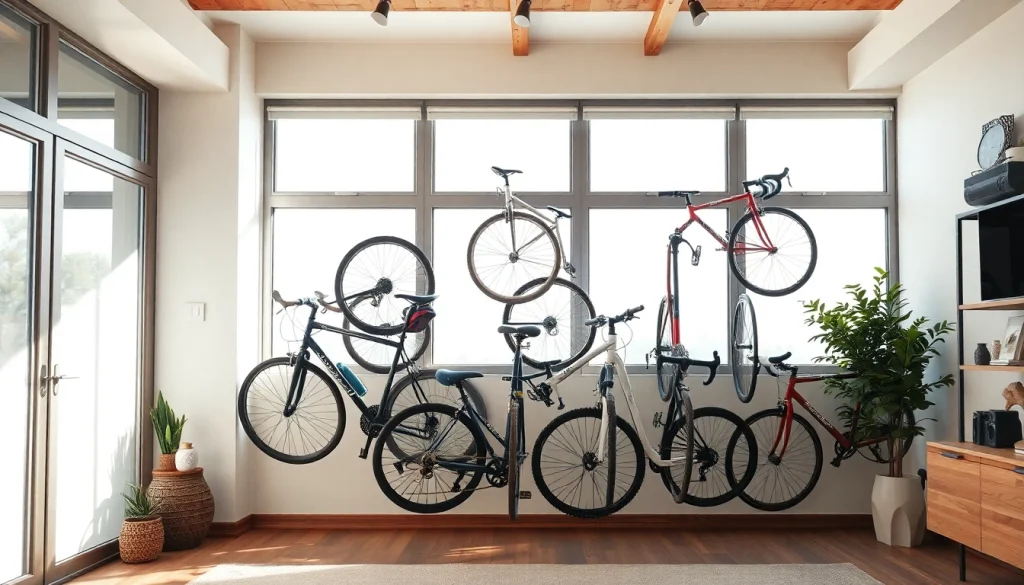 Organizing Indoor bike storage solutions with a wall-mounted rack in a stylish apartment.