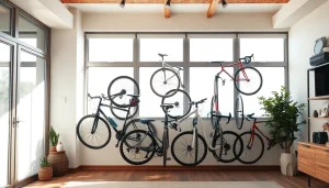 Organizing Indoor bike storage solutions with a wall-mounted rack in a stylish apartment.