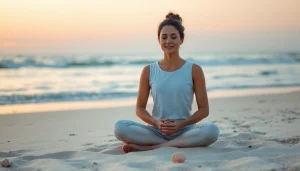Individual meditating on a beach, representing dealing with anxiety and relaxation techniques.