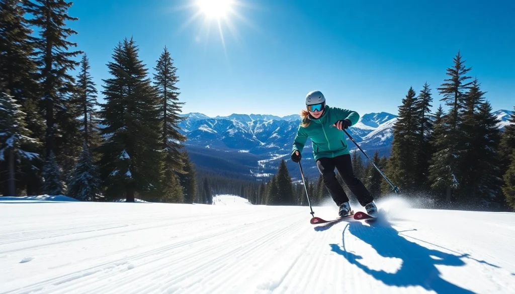 View of a skier on a snowy mountain, highlighting the snow report for XXX conditions.