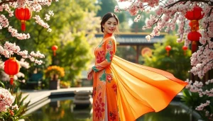 Model showcasing a beautiful Vietnamese Áo Dài in a lush garden setting with cherry blossoms.