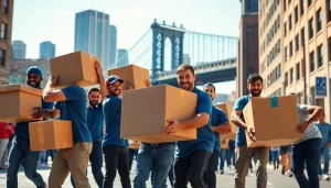 Brooklyn movers efficiently transporting boxes, showcasing teamwork in a vibrant urban setting.