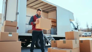 Movers Calgary team lifting boxes with professionalism and teamwork in a sunny setting.