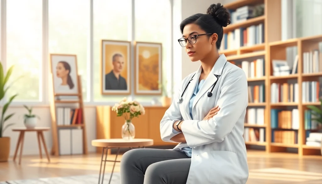 Psychologist in a serene office environment promoting mental wellness and tranquility.