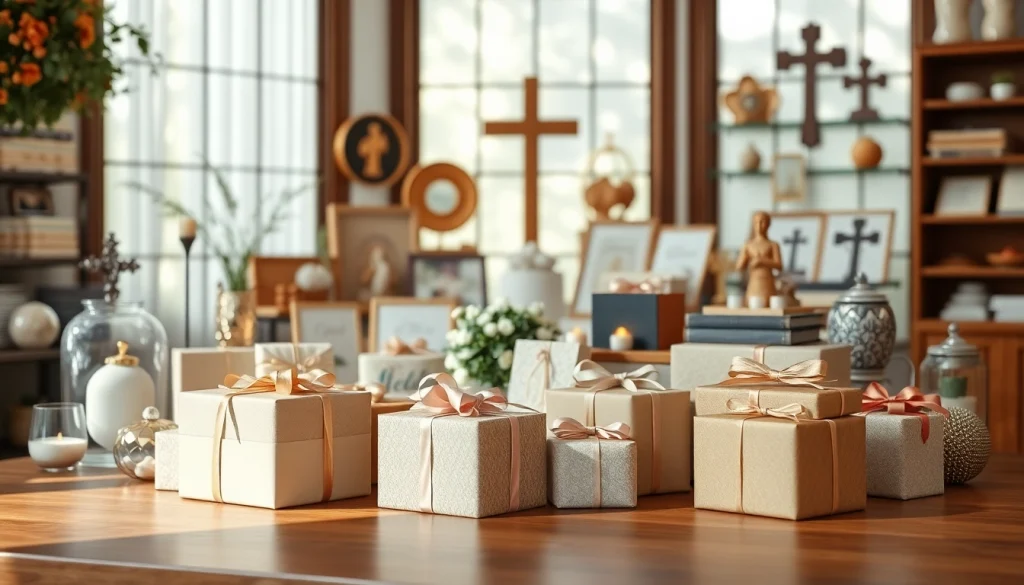 Explore Christian gifts displayed on a wooden table, showcasing inspirational and decorative items.