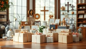 Explore Christian gifts displayed on a wooden table, showcasing inspirational and decorative items.
