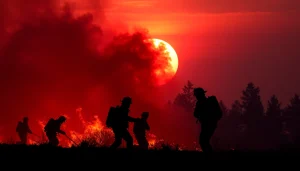 Firefighters combating wildfire events under a dramatic sunset, showcasing heroism and urgency.