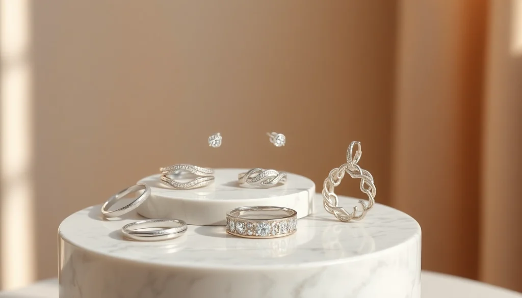 Showcase of elegant silver jewelry pieces in intricate designs on a marble pedestal.
