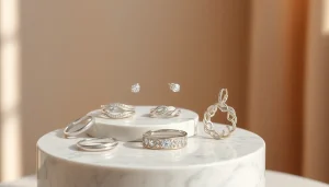 Showcase of elegant silver jewelry pieces in intricate designs on a marble pedestal.