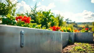 Showcase galvanized raised beds surrounded by thriving plants in a bright, vibrant garden.